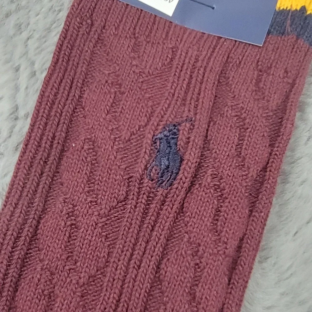 Polo Ralph Lauren Socks Mens 10-13 Burgundy Red Striped Cable Knit Crew Pony